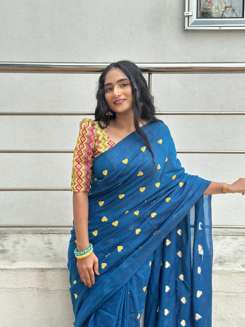 Rama Blue Gorgeous cotton embroidered handloom saree with Pink printed blouse