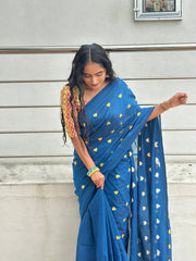 Rama Blue Gorgeous cotton embroidered handloom saree with Pink printed blouse