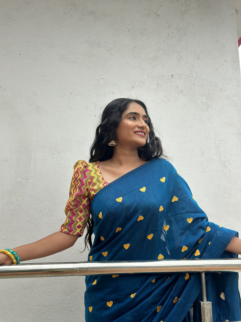 Rama Blue Gorgeous cotton embroidered handloom saree with Pink printed blouse