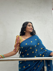 Rama Blue Gorgeous cotton embroidered handloom saree with Pink printed blouse