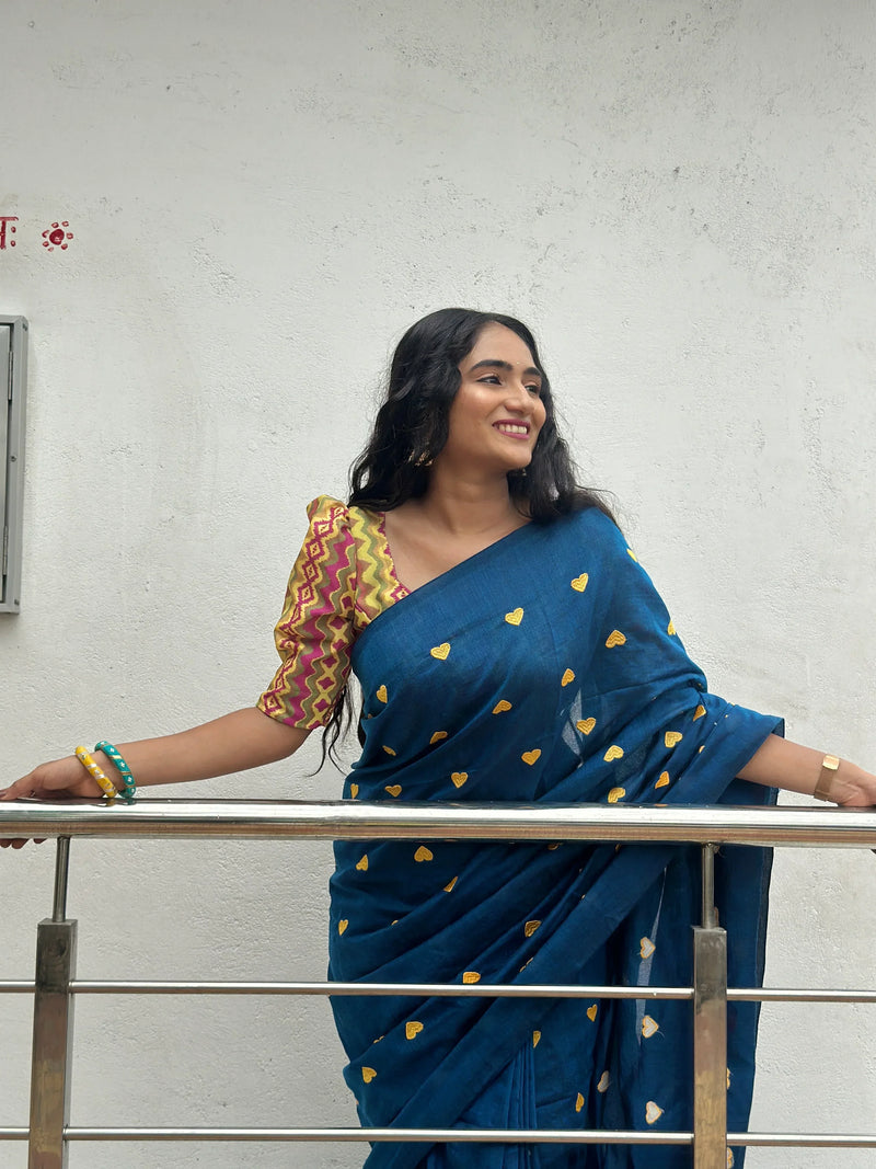 Rama Blue Gorgeous cotton embroidered handloom saree with Pink printed blouse