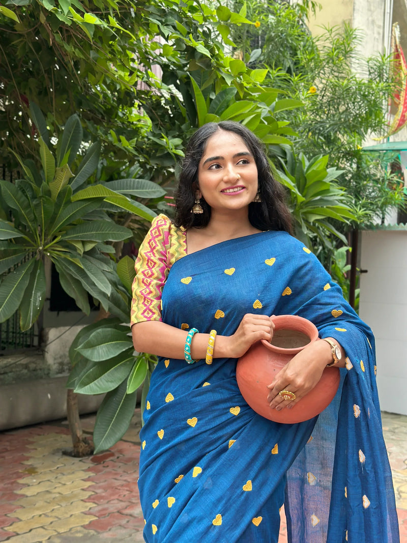 Rama Blue Gorgeous cotton embroidered handloom saree with Pink printed blouse