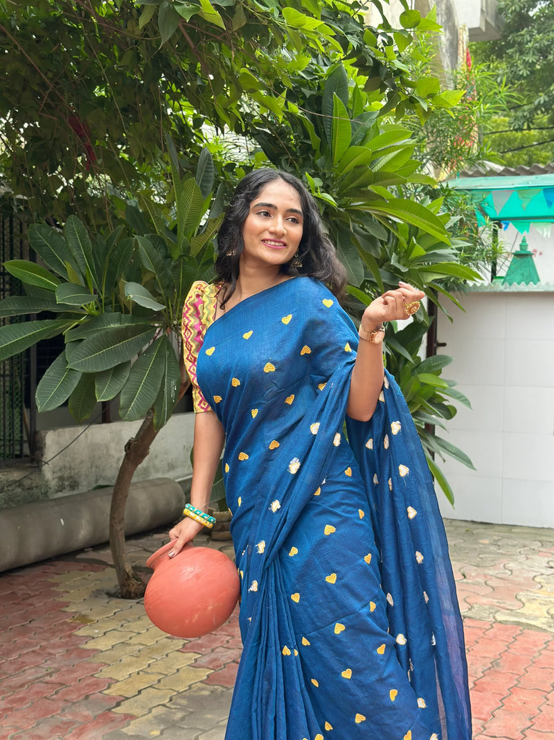 Rama Blue Gorgeous cotton embroidered handloom saree with Pink printed blouse
