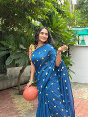Rama Blue Gorgeous cotton embroidered handloom saree with Pink printed blouse