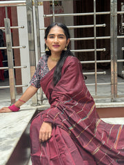 Maroon cotton handloom ghicha stripes saree with Black kalamkari printed blouse