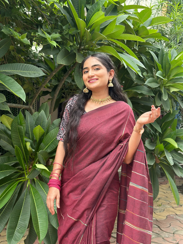 Maroon cotton handloom ghicha stripes saree with Black kalamkari printed blouse