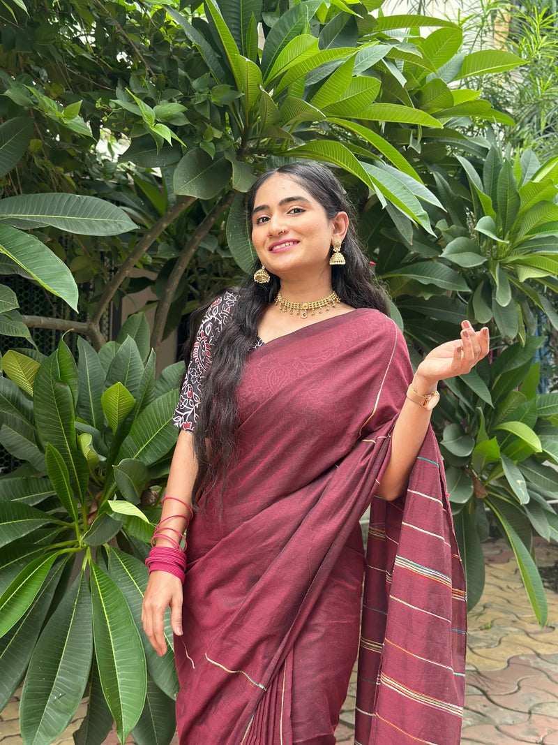 Maroon cotton handloom ghicha stripes saree with Black kalamkari printed blouse