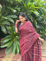 Maroon cotton handloom ghicha stripes saree with Black kalamkari printed blouse