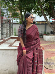 Maroon cotton handloom ghicha stripes saree with Black kalamkari printed blouse