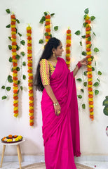 Beautiful Pink Cotton Handloom Saree With Printed Blouse