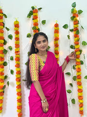 Beautiful Pink Cotton Handloom Saree With Printed Blouse