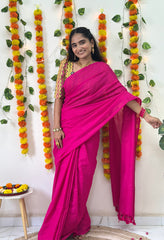 Beautiful Pink Cotton Handloom Saree With Printed Blouse