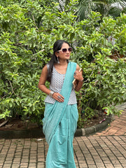 Sky Blue Cotton Handloom Saree With Georgous Printed Blouse
