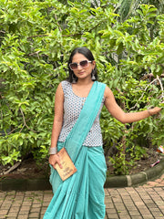 Sky Blue Cotton Handloom Saree With Georgous Printed Blouse