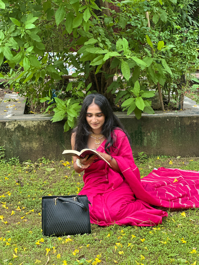 Rani Pink Ghicha Stripe Cotton Handloom Saree With Printed Blouse