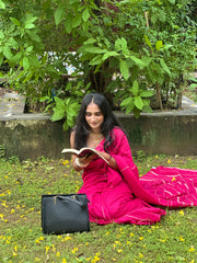 Rani Pink Ghicha Stripe Cotton Handloom Saree With Printed Blouse