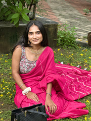 Rani Pink Ghicha Stripe Cotton Handloom Saree With Printed Blouse