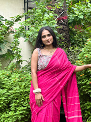Rani Pink Ghicha Stripe Cotton Handloom Saree With Printed Blouse