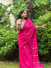 Rani Pink Ghicha Stripe Cotton Handloom Saree With Printed Blouse