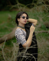 Premium Handloom Cotton Saree - Royal black saree with printed blouse