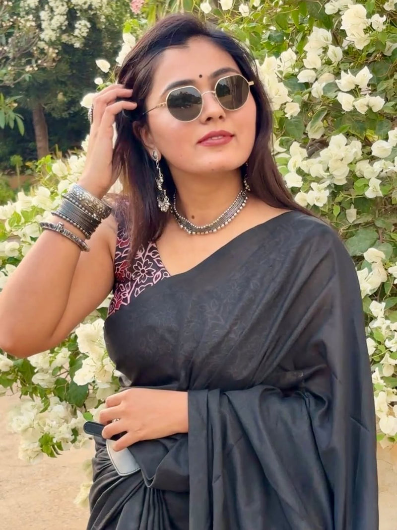 Premium Handloom Cotton Saree - Royal black cotton saree with flower printed blouse