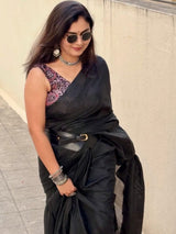 Premium Handloom Cotton Saree - Royal black cotton saree with flower printed blouse