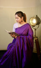 Purple cotton handloom saree with floral printed blouse - Cotton Dori