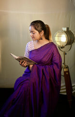 Purple cotton handloom saree with floral printed blouse - Cotton Dori