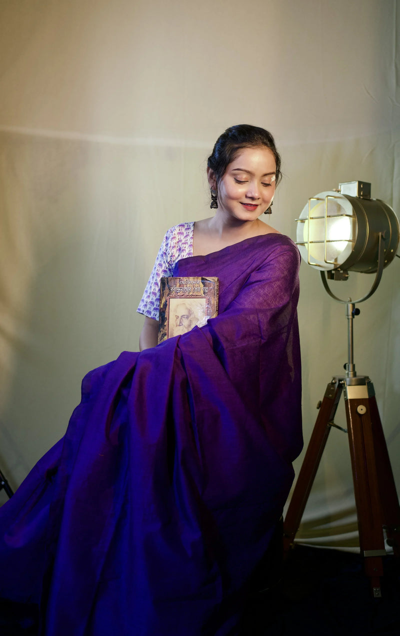 Purple cotton handloom saree with floral printed blouse - Cotton Dori