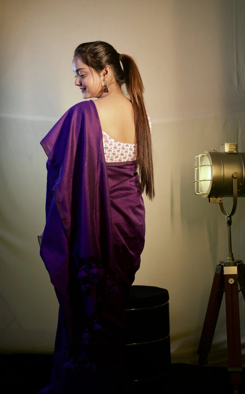Purple cotton handloom saree with floral printed blouse - Cotton Dori