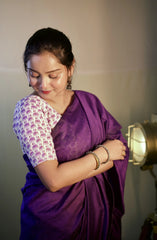 Purple cotton handloom saree with floral printed blouse - Cotton Dori