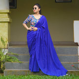 Stunning Royal Blue Cotton Handloom Saree With Flower Printed Blouse