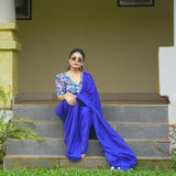 Stunning Royal Blue Cotton Handloom Saree With Flower Printed Blouse
