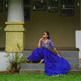 Stunning Royal Blue Cotton Handloom Saree With Flower Printed Blouse