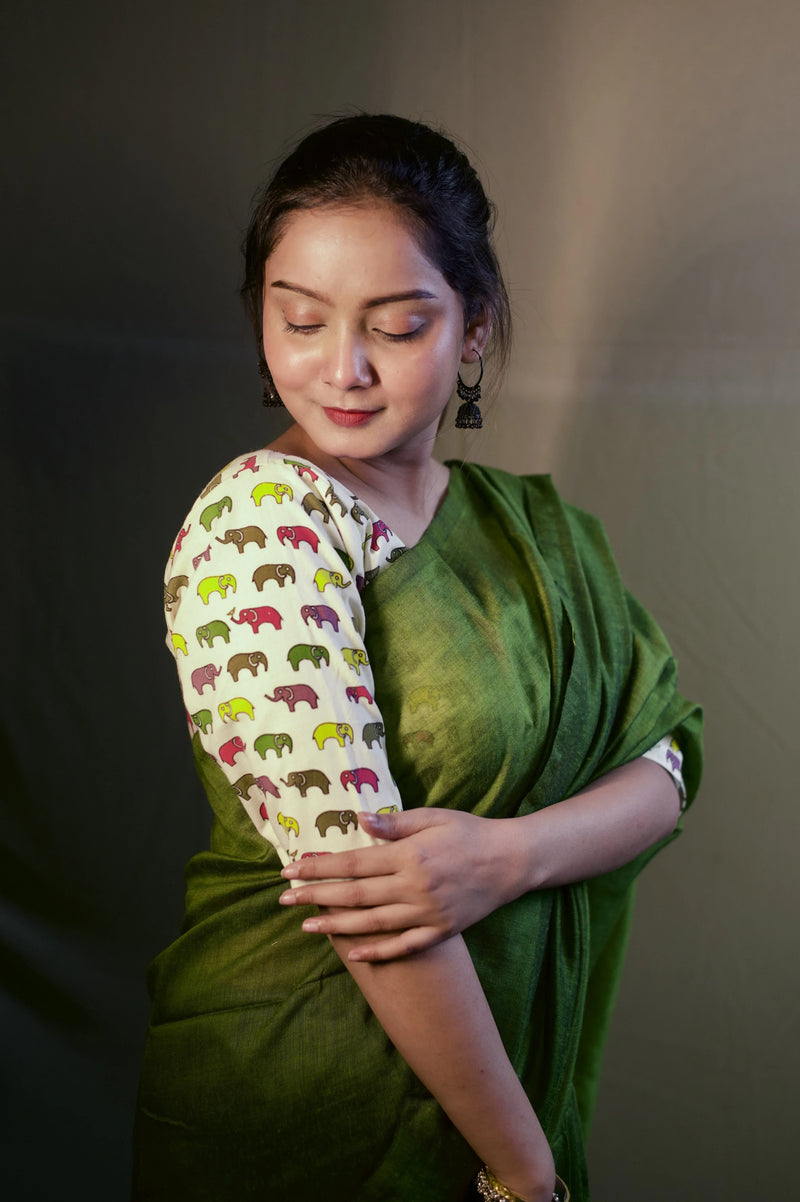 Velvet Green handloom cotton saree with printed blouse