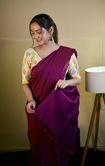 Traditional Bottle Wine handloom cotton saree with printed blouse - Cotton Dori