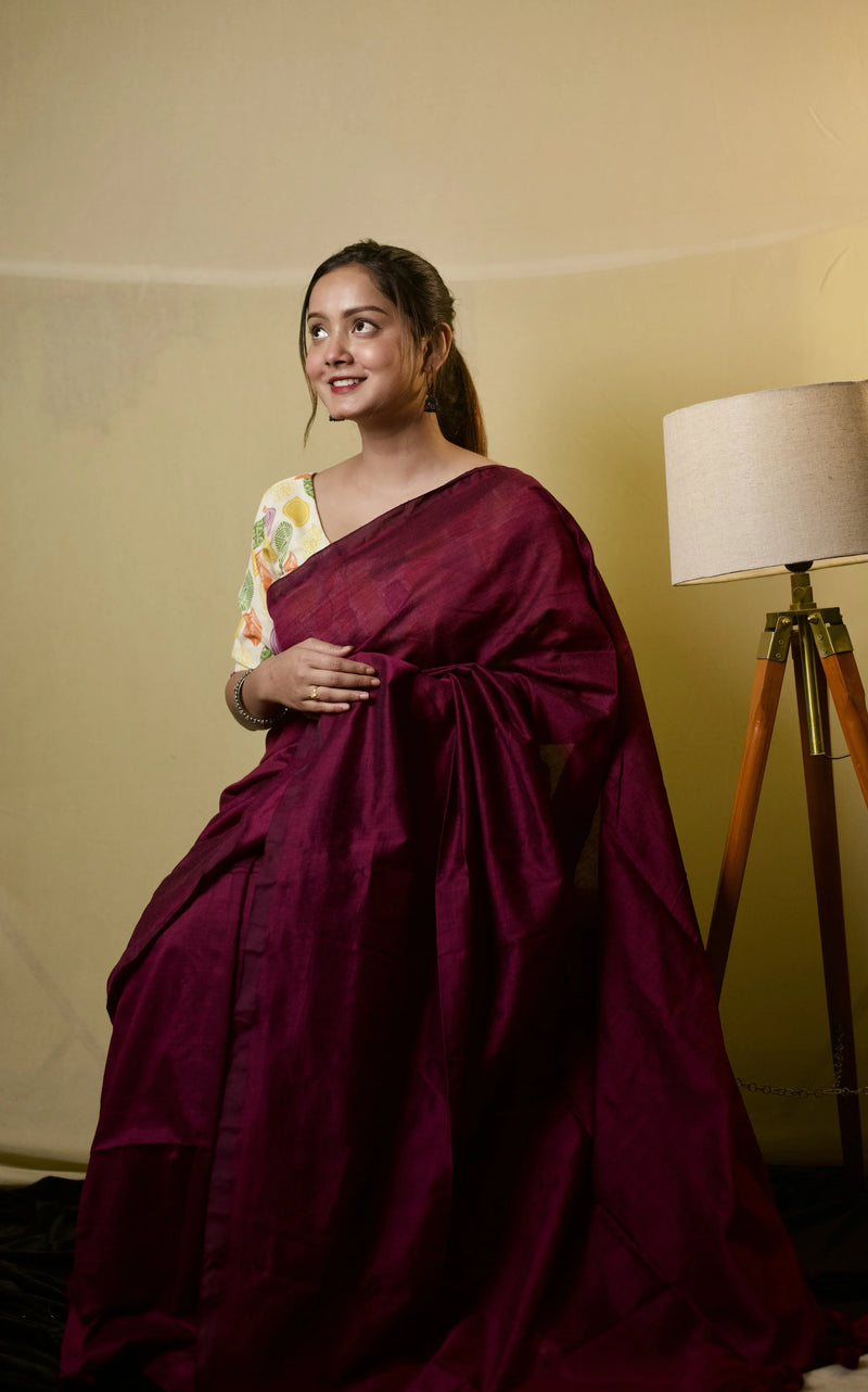 Traditional Bottle Wine handloom cotton saree with printed blouse - Cotton Dori