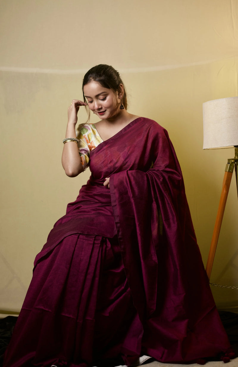 Traditional Bottle Wine handloom cotton saree with printed blouse - Cotton Dori