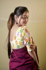 Traditional Bottle Wine handloom cotton saree with printed blouse - Cotton Dori