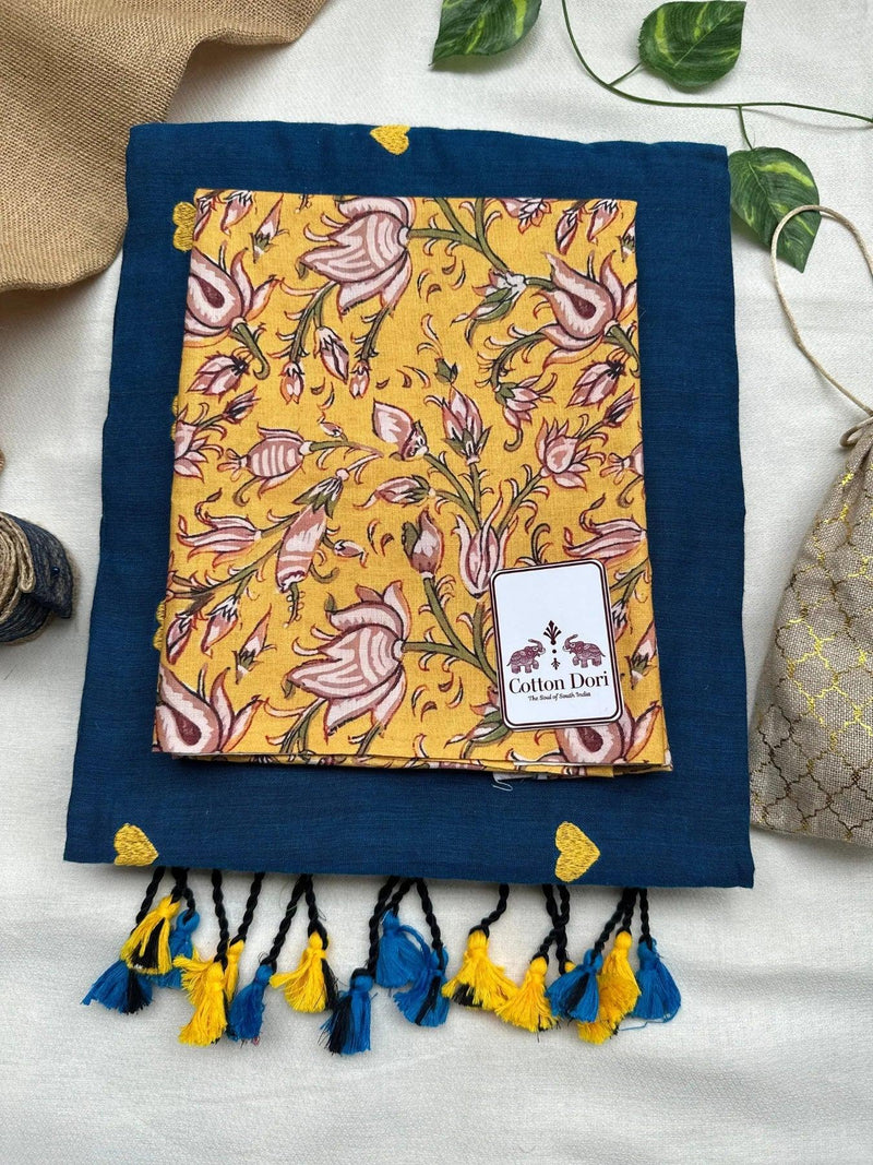 Teal blue cotton Handloom saree with yellow printed blouse - Cotton Dori