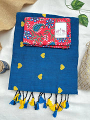 Gorgeous cotton embroidered handloom saree with red floral printed blouse - Cotton Dori