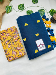Teal blue cotton Handloom saree with yellow printed blouse - Cotton Dori