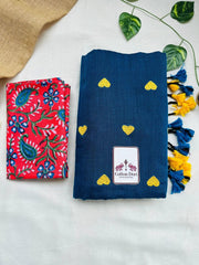 Gorgeous cotton embroidered handloom saree with red floral printed blouse - Cotton Dori