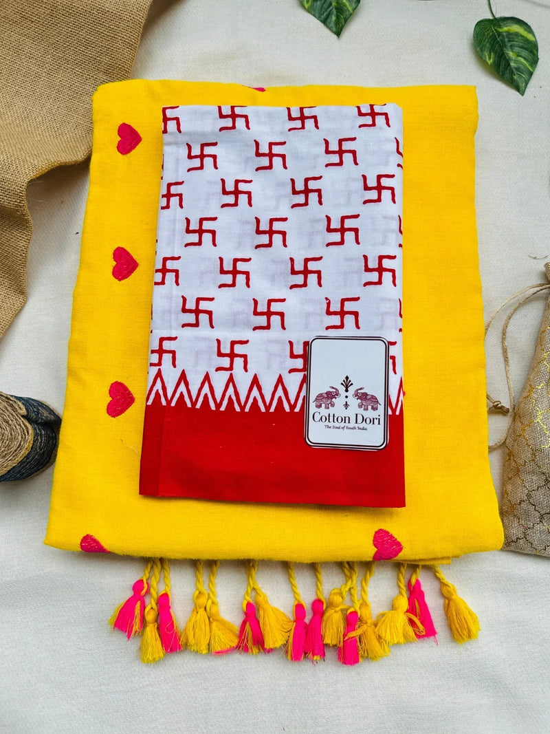 Lemon yellow cotton handloom saree with white printed blouse - Cotton Dori