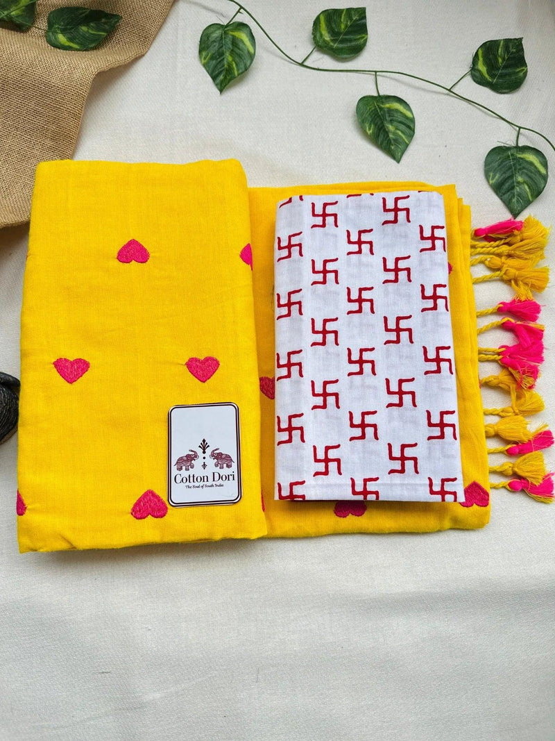 Lemon yellow cotton handloom saree with white printed blouse - Cotton Dori
