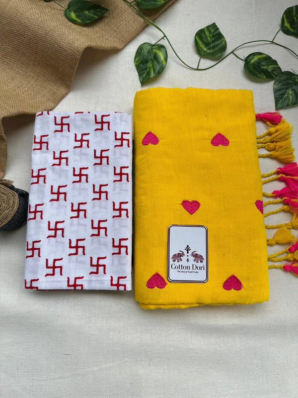 Lemon yellow cotton handloom saree with white printed blouse - Cotton Dori