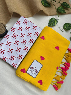 Lemon yellow cotton handloom saree with white printed blouse - Cotton Dori