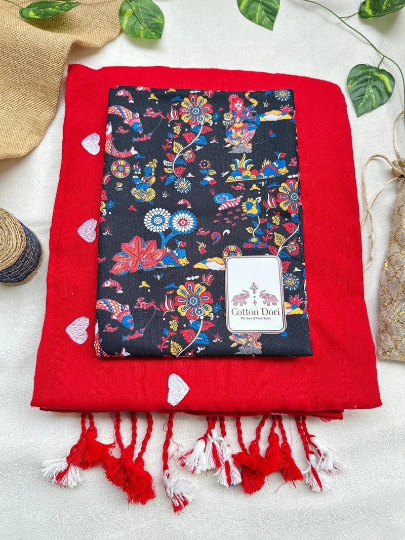 Stunning red cotton handloom saree with black printed blouse - Cotton Dori