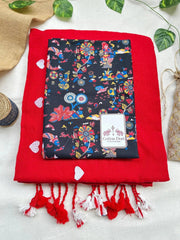 Stunning red cotton handloom saree with black printed blouse - Cotton Dori