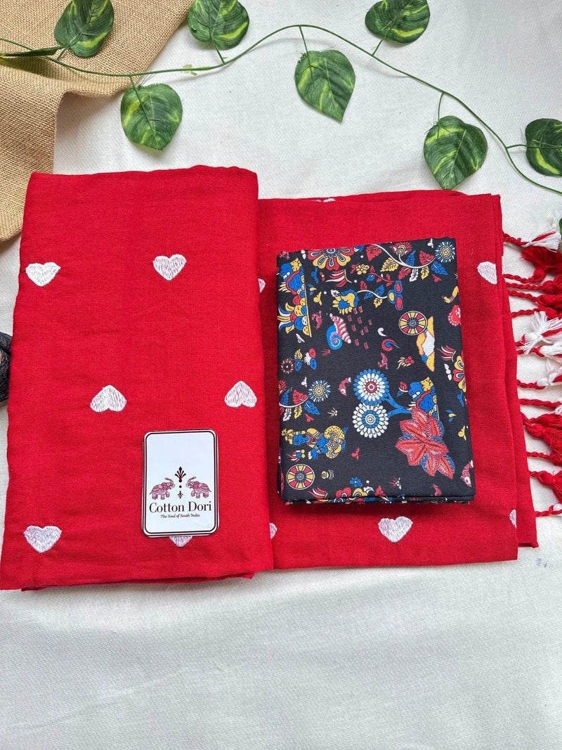 Stunning red cotton handloom saree with black printed blouse